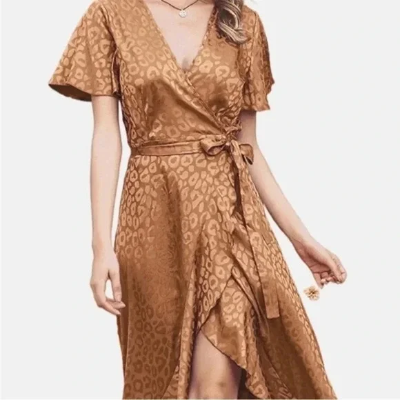 NWT Simplee Midi Animal Print Wrap Asymmetric Dress Size Large in Gold - Picture 3 of 13